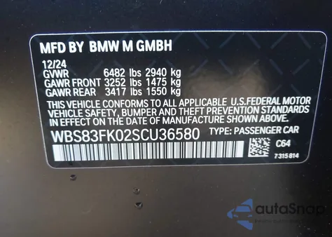 2025 BMW M5 из США, поврежденный, VIN WBS83FK02SCU36580